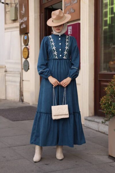 فستان شتوي ستار مع نقشة أزرق