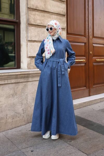 فستان شتوي جينز مع حزام