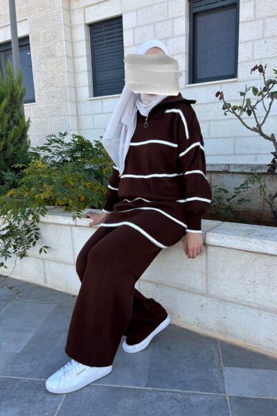 طقم شتوي صوف مخطط (ون سايز)