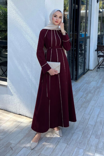 فستان صيفي كتان بخطوط انسيابية بوردو