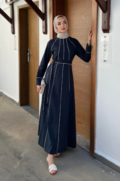 فستان صيفي كتان بخطوط انسيابية كحلي