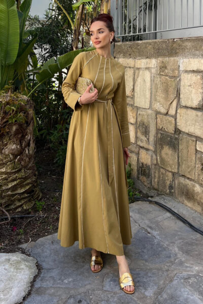 فستان صيفي كتان بخطوط انسيابية زيتي