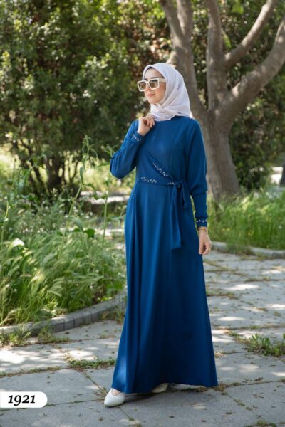 فستان أنيق مع ربطة على الجنب وخرز - أزرق