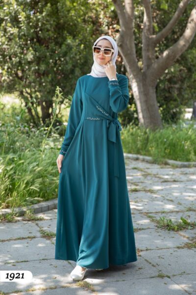 فستان أنيق مع ربطة على الجنب وخرز - تركواز