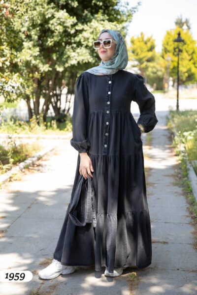 فستان جينز مميز مع حزام - أسود