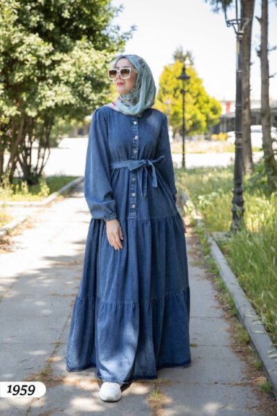 فستان جينز مميز مع حزام - أزرق