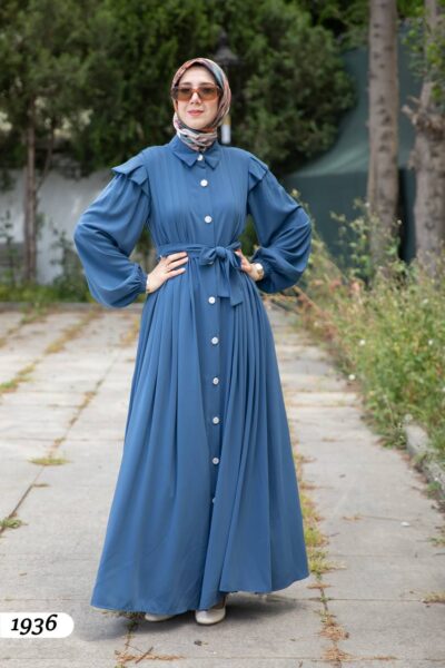 فستان صيفي مميز مع لمسة على الكتف أزرق