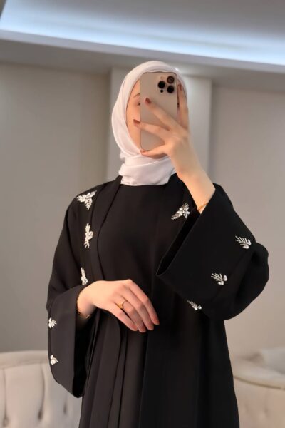 عباية قطعتين ستراس فراشة أسود