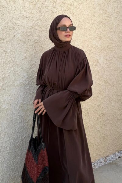 فستان كاجوال بأكمام مرنة بني