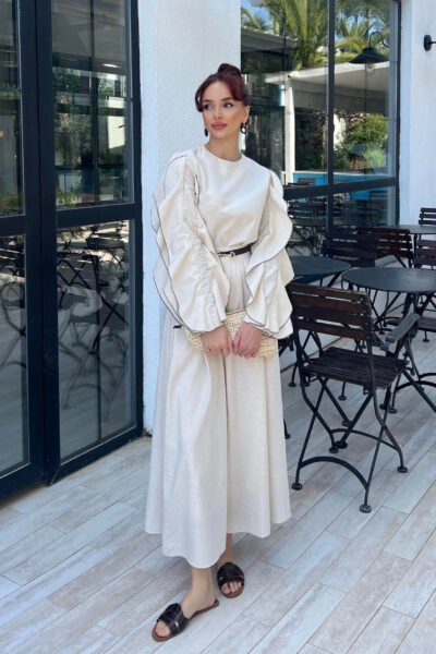 طقم صيفي تنورة كتان طبيعي بيج