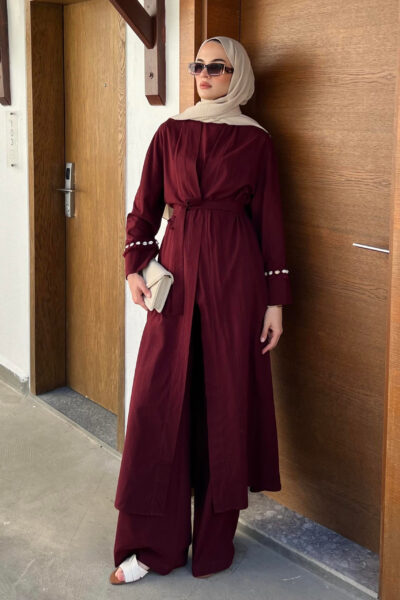 طقم صيفي ثلاث قطع بلمسة صدفة بحرية بوردو