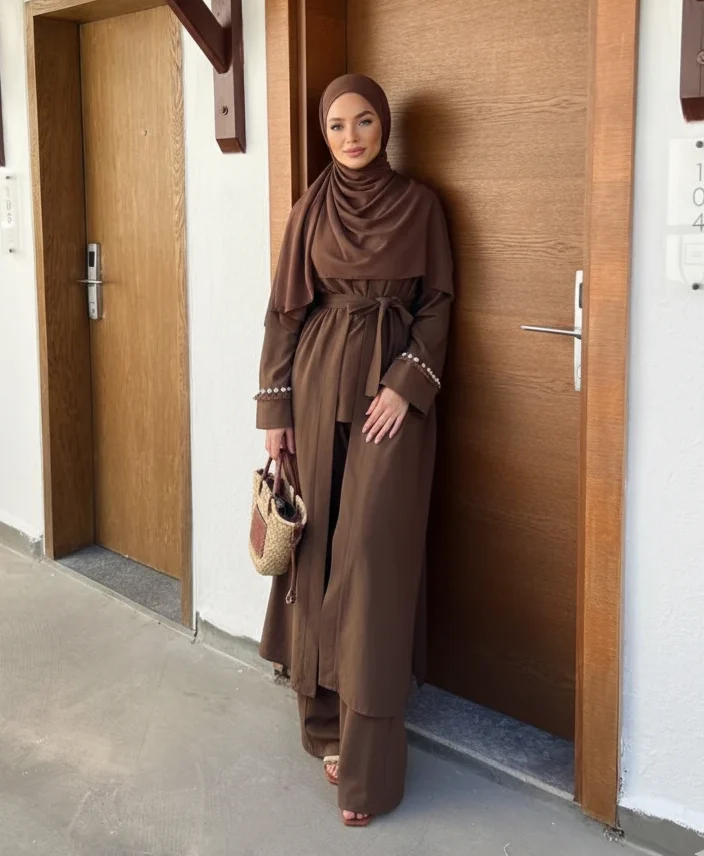 طقم صيفي ثلاث قطع بلمسة صدفة بحرية بني