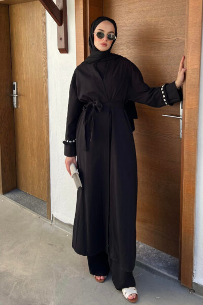 طقم صيفي ثلاث قطع بلمسة صدفة بحرية أسود