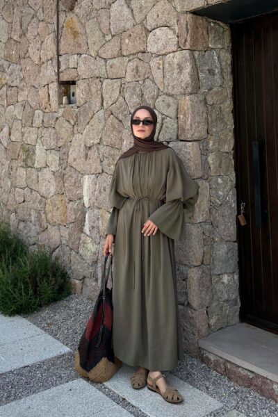 فستان كاجوال بأكمام مرنة زيتي