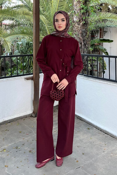 طقم صيفي قطعتين مع حزام جانبي بوردو