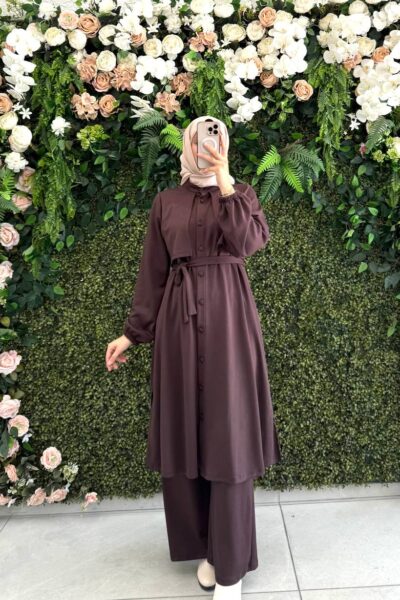 طقم أويشو أنيق قميص طويل وربطة | بني