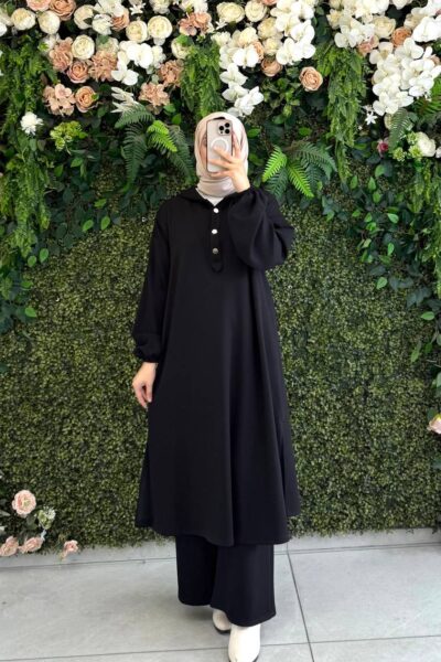 طقم أويشو أنيق قميص طويل وطاقية | أسود