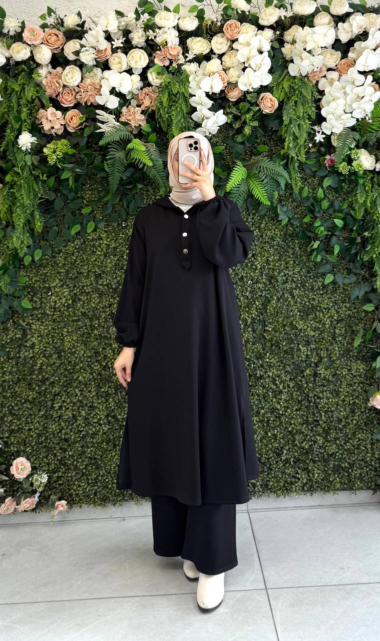طقم أويشو أنيق قميص طويل وطاقية | أسود
