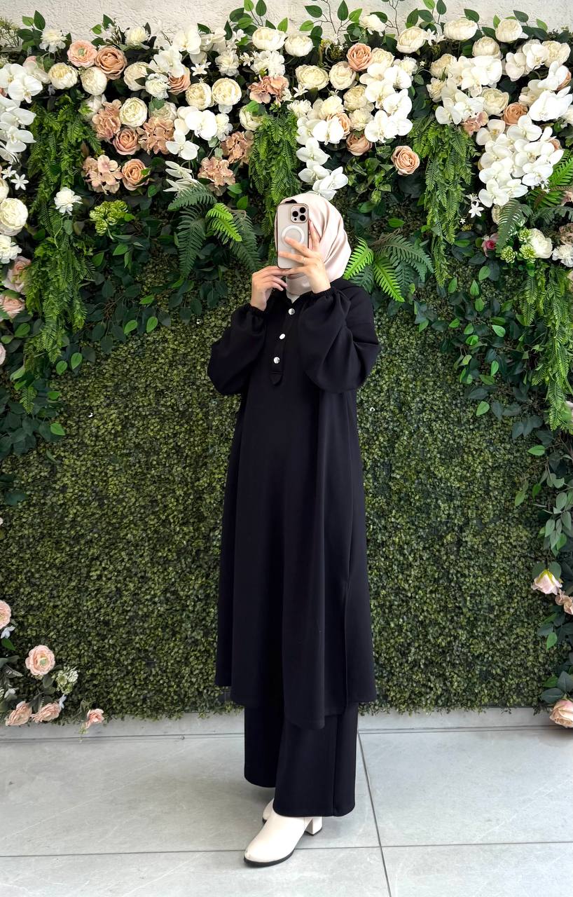 طقم أويشو أنيق قميص طويل وطاقية | أسود - الصورة 2