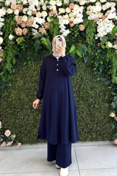 طقم أويشو أنيق قميص طويل وطاقية | كحلي