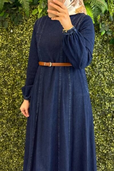فستان جينز أنيق مع حزام | أزرق غامق