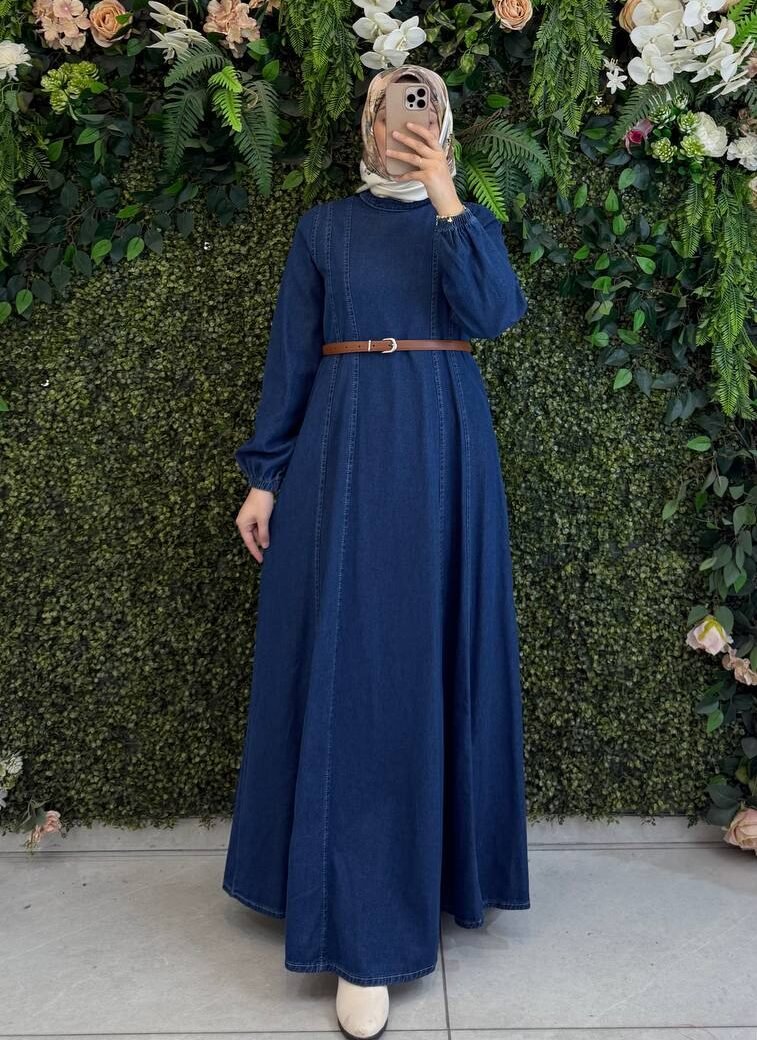 فستان جينز أنيق مع حزام | أزرق