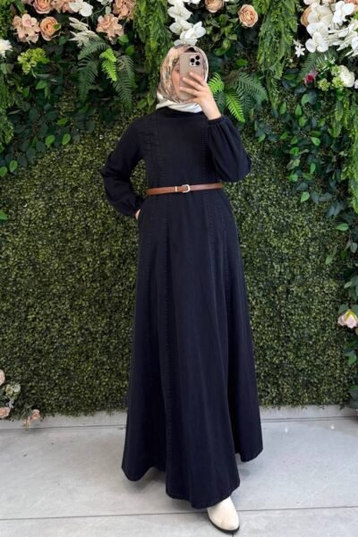 فستان جينز أنيق مع حزام | أسود