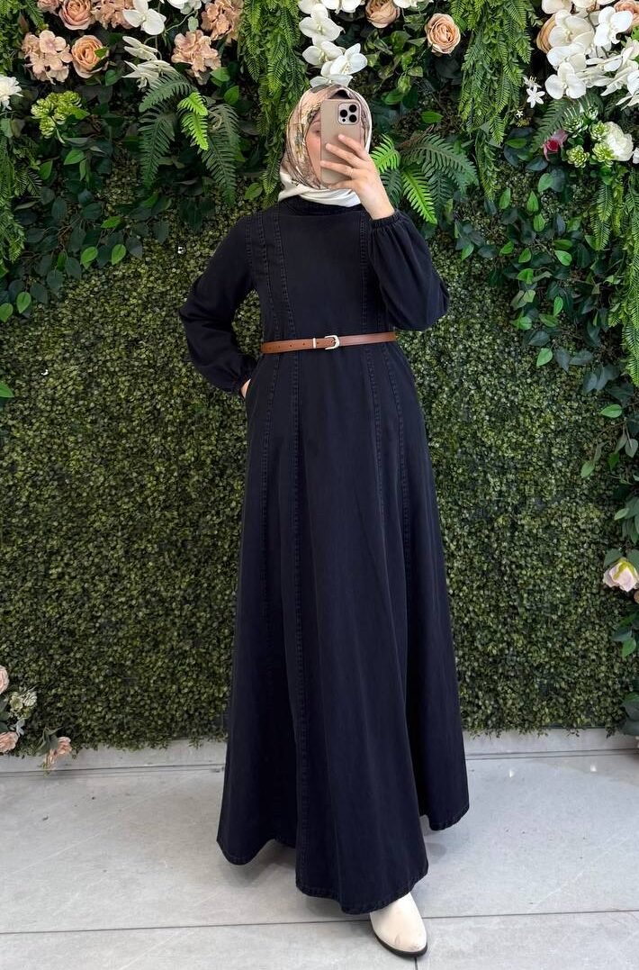 فستان جينز أنيق مع حزام | أسود