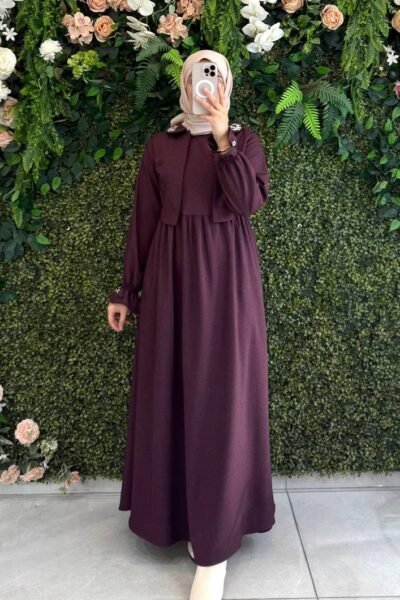 فستان لمار المميز بتطريز الياقة والأكمام | بوردو