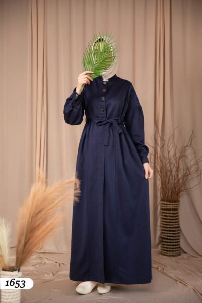 فستان زمرد طويل بأكمام مطرزة وحزام | كحلي