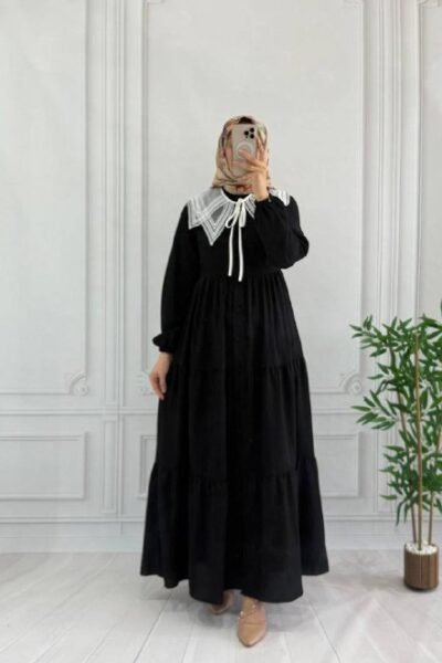 فستان مرجان بقماش الشانيل الأنيق وياقة دانتيل | أسود