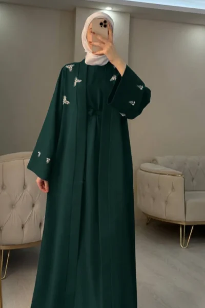 عباية قطعتين ستراس فراشة أخضر