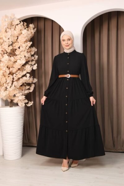 فستان لين مع حزام | أسود