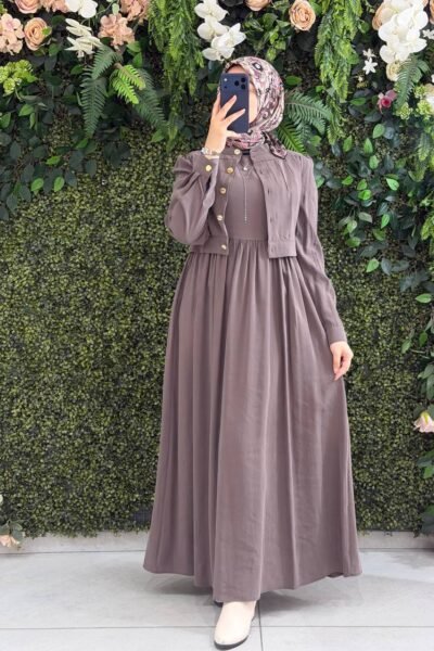 فستان جمان قطعتين بأزرار ذهبية فخمة | بني