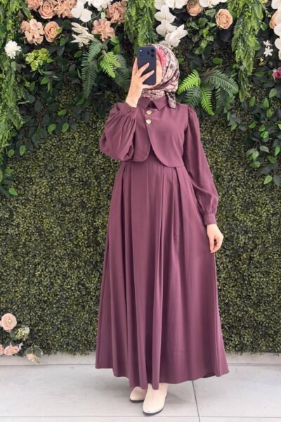 فستان تالا قطعتين راقي بأزرار ذهبية | بوردو