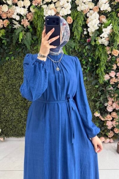 فستان لمى أنيق مبطن مع حزام | أزرق
