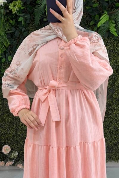 فستان ندى بألوان مميزة مبطن مع حزام | مشمشي