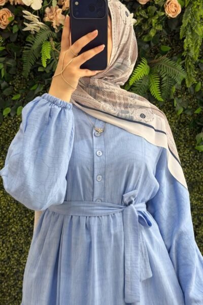 فستان ندى بألوان مميزة مبطن مع حزام | سماوي