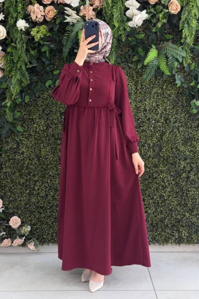 فستان سديم بتصميم راقي وأزرار من الأمام | بوردو