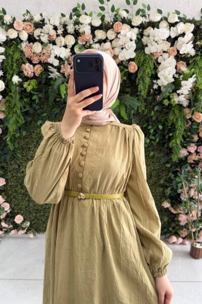 فستان غيث أنيق بقماشة الكتان البارد مع حزام | فستقي