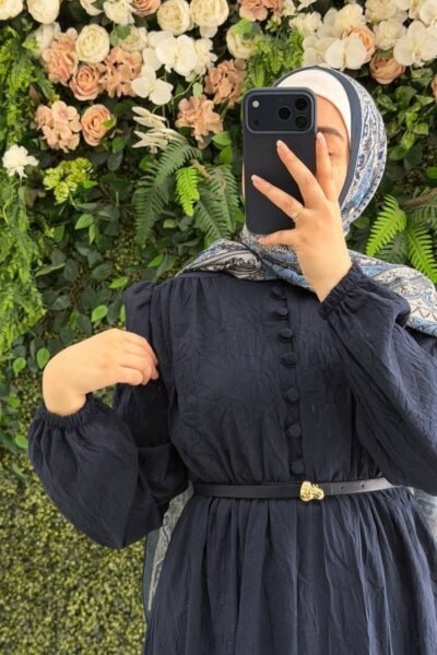 فستان غيث أنيق بقماشة الكتان البارد مع حزام | كحلي