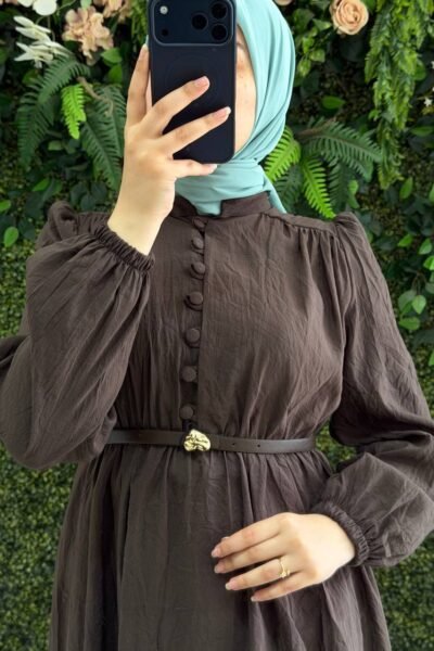 فستان غيث أنيق بقماشة الكتان البارد مع حزام | بني