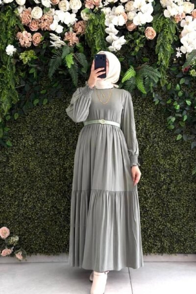 فستان هديل بقماش كوبرا الفخم مع حزام | أخضر منت