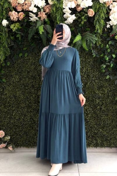 فستان هديل بقماش كوبرا الفخم مع حزام | تركواز