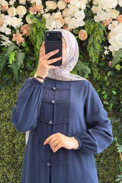 فستان نور بأزرار أمامية وأكمام مزمومة | كحلي